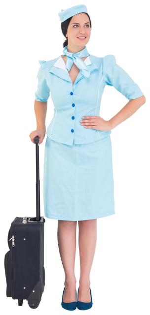 Air hostess dressed in a blue uniform smiling while holding a suitcase, perfectly captured with a transparent background. Great for travel-related designs, airline advertisements, or websites promoting tourism and hospitality services. Effective for professional presentations on aviation and transportation sectors.