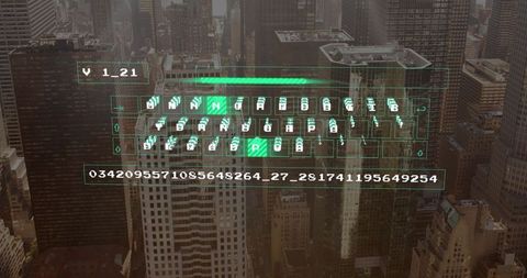 Futuristic holographic keyboard over city skyline
