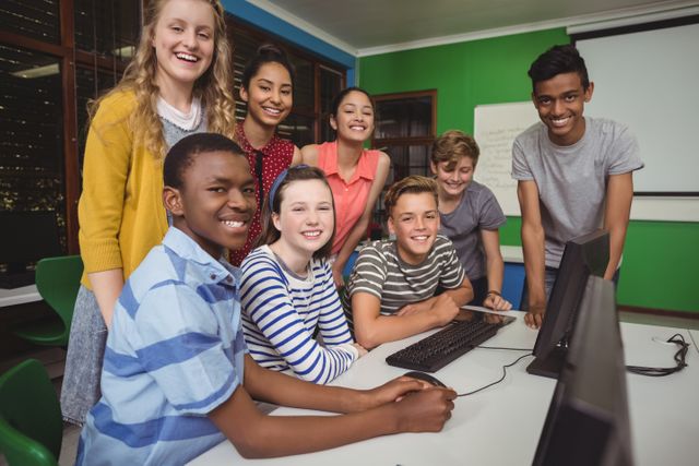 Group of students sitting at desk in classroom