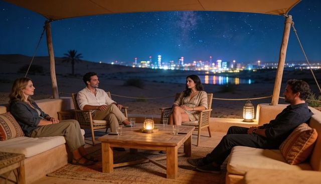 Candlelit desert lounge gathering under starry sky with waterfront city skyline