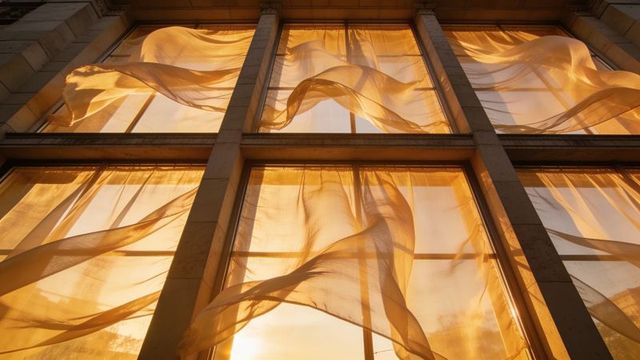 Golden sheer curtains billowing across tall atrium windows, sunlit translucent drapery