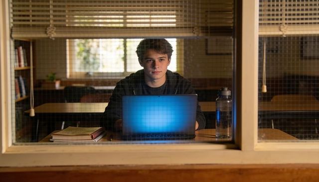 Studying teenager typing on laptop in quiet classroom seen through wired glass window