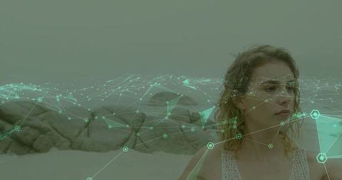 Futuristic Woman Integrating with Digital Network at Seaside