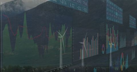 Wind Turbines Amidst Financial Data Charts Illustrating Sustainable Growth