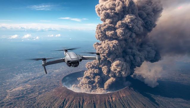 Quadcopter drone filming volcanic eruption over caldera with massive ash plume