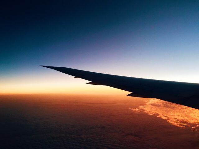 Capturing the wing of an airplane during sunset, this stock photo is excellent for travel agencies, airlines, and travel bloggers. It conveys a sense of adventure, freedom, and the beauty of air travel.