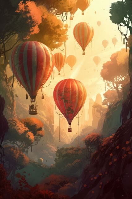 Hot air balloons floating over a mystical forest bathed in sunrise light, producing a serene and dreamlike atmosphere. This image conveys a sense of adventure and tranquillity, making it ideal for travel destinations, nature-themed content, or inspirational posters. The sunlight filtering through the misty forest and fall colors enhance its allure.