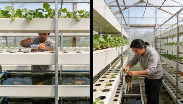 Urban aquaponics team tending leafy greens and koi in greenhouse vertical system