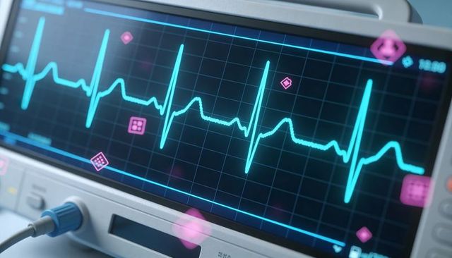 Hospital ecg monitor displaying cyan cardiac rhythm waveform with blue lead plug and grid