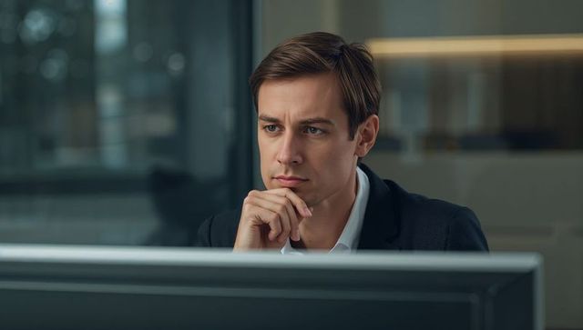 Executive studying screen at office desk with thoughtful expression wearing suit jacket