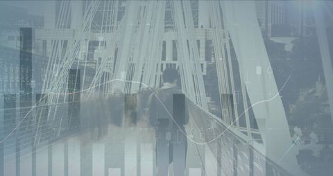 Businessman Contemplating Growth on Busy Bridge with Financial Overlays