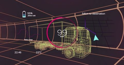 Futuristic wireframe semi-truck with hi-tech hud display