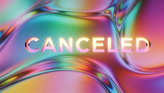 Iridescent 3d canceled cutout text with glossy metallic gradient waves and backlit glow