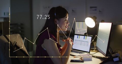 Asian businesswoman analyzing financial data at night