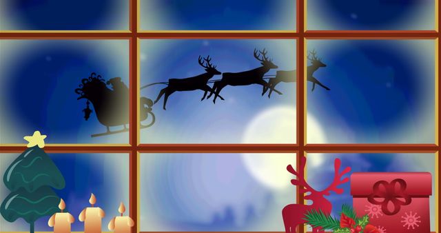 Santa Claus in Sleigh Flying in Night Sky Seen Through Window - Download Free Stock Images Pikwizard.com