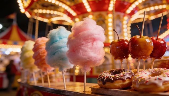 Colorful Cotton Candy and Candied Apples at Night Carnival with Donuts and Carousel Lights