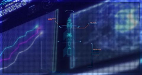 Digital rocket schematic with mission control metrics display