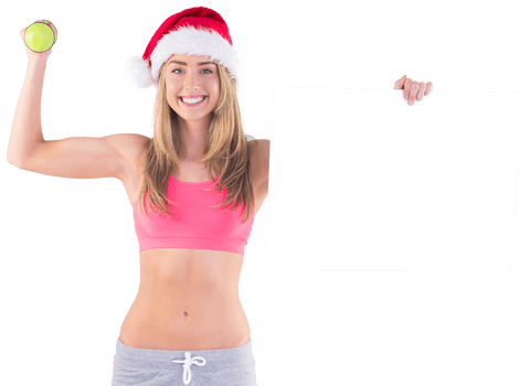 Fit Woman with Santa Hat Holding Workout Equipment, Transparent Background