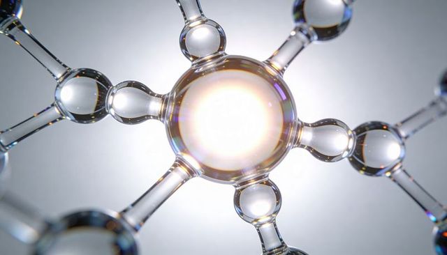Glowing glass molecule structure refracting light with radiant core prism halo