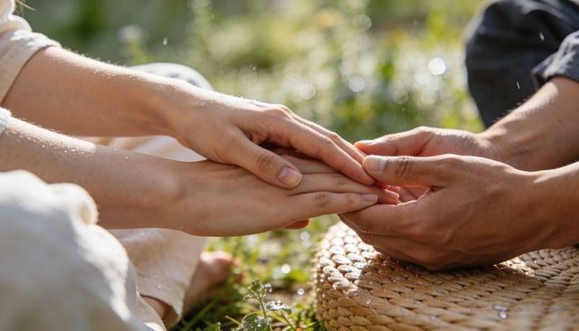 Holding hands and cradling forearms on woven straw mat in dewy grass with warm sunlight