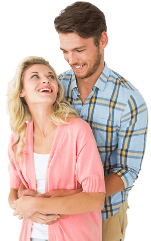 Charming young couple embracing and smiling with transparent background