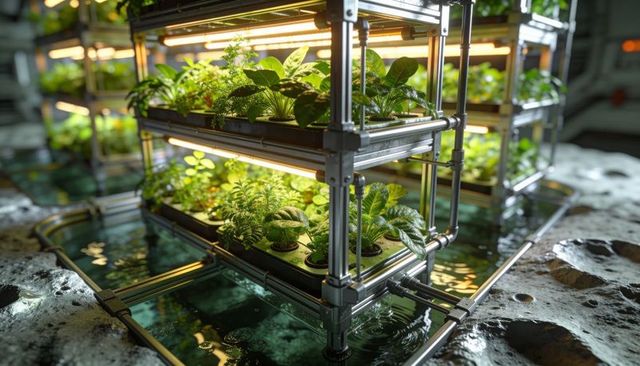 Modular hydroponic shelving with led grow lights and recirculating water for indoor vertical farming