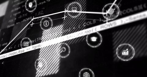 Digital interface with data icons and code text in black and white