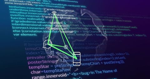 Neon network connecting smartphone, wi-fi node and globe over code-filled digital map