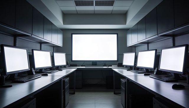 Symmetric bank of blank monitors glowing in dim computer lab for technology concepts