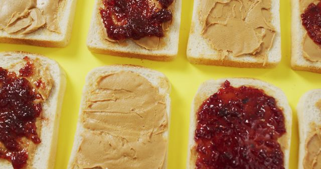 Peanut butter and jelly sandwiches on slices of bread arranged on a yellow background. Ideal for articles, blogs, and advertisements related to snacks, breakfast, and lunch. Perfect for illustrating food preparation and easy meals.