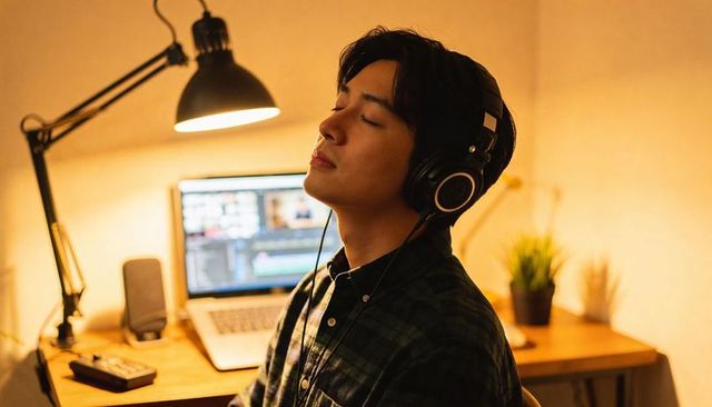 Man wearing headphones listening and editing on laptop in cozy ambient home office