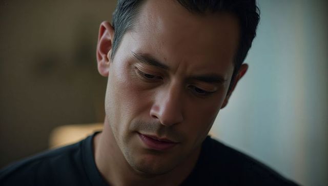Contemplative asian man gazing downward in soft interior light moody close-up portrait