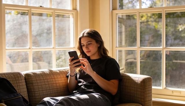Sunlit young woman checking smartphone on cozy couch at home, relaxed student lifestyle