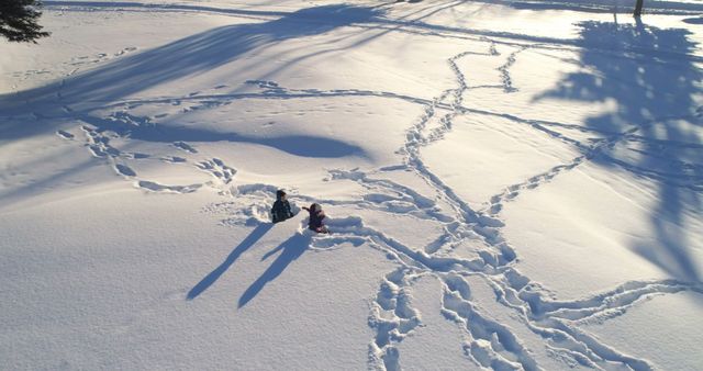 Two children playing joyfully in a snowy field. Footprint trails crisscross the snow, forming patterns. Long shadows suggest early morning or late afternoon sun. This image can be used for winter holiday cards, promoting outdoor activities, advertisements for winter gear, or children's play setups.
