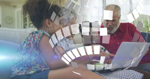 Grandparents and grandchildren exploring technology together with holographic globe overlay
