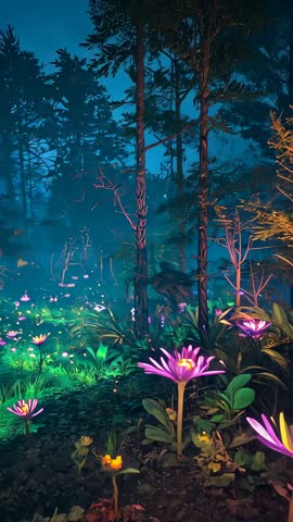 Panning through bioluminescent forest clearing with glowing purple daisies at twilight