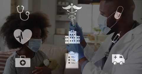 Doctor preparing vaccine during pediatric home visit with masked child holding teddy