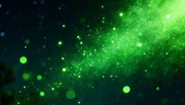Glowing green particle cloud sweeping diagonal neon mist with bokeh sparks and glitter