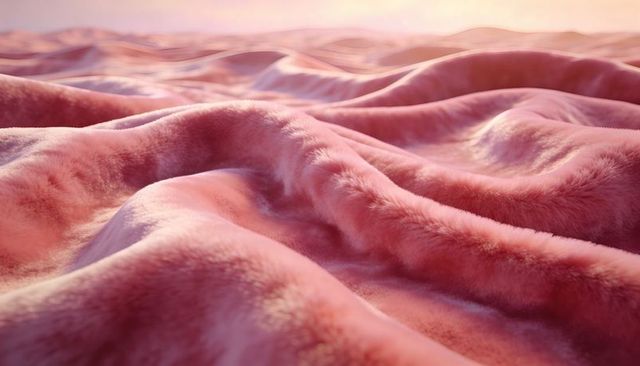 Rolling pink faux fur dunes creating soft plush textile landscape with visible fibers