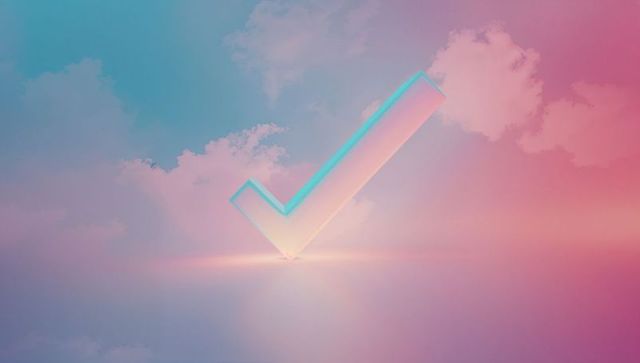 Futuristic 3d checkmark with neon glow in pastel sky
