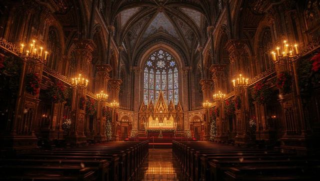 Illuminating ornate altar with gilded reredos in gothic cathedral decorated for christmas