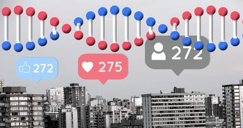 Dna strand overlay on urban cityscape illustrating social media connections