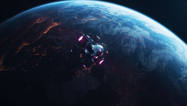 Futuristic Spaceship Orbiting Earth with Pink Thrusters