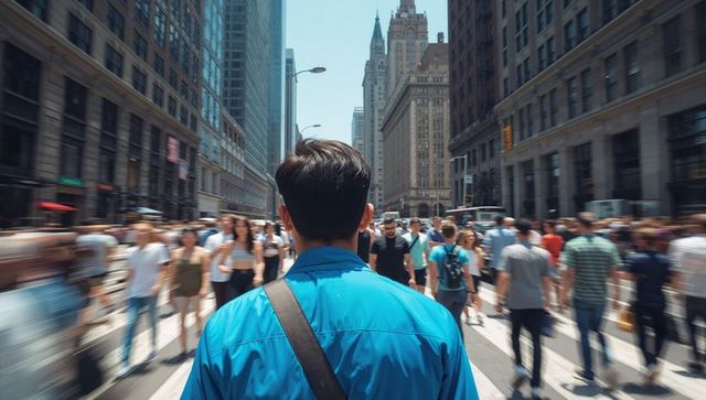 Man in bright blue jacket crossing busy downtown crosswalk amid blurred rush-hour crowd