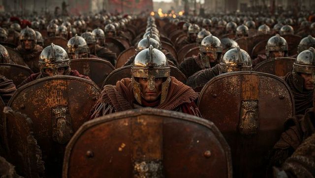 Roman legion formation with central legionary holding curved shield wearing polished helmet