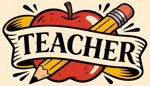 Retro teacher badge with apple and pencil banner vintage school logo illustration classic