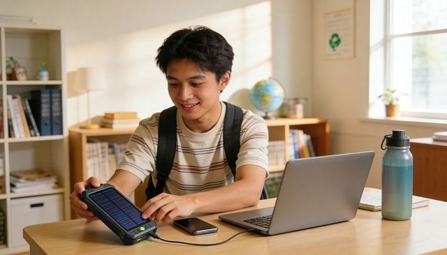College student charging phone with portable solar charger at study desk, eco workspace