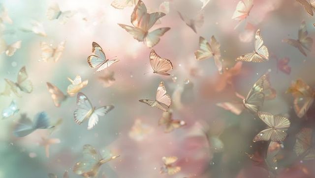 Butterflies floating through pastel meadow with translucent wings and soft bokeh