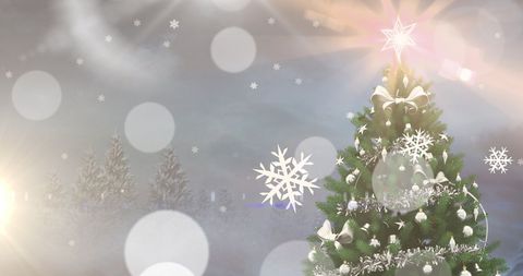 Snowflakes Gently Falling on Decorated Christmas Tree - Download Free Stock Images Pikwizard.com