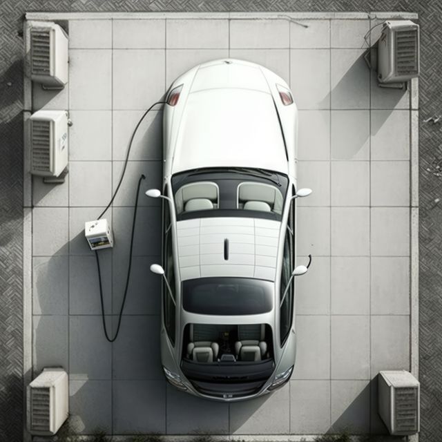 Top view of an electric car charging at a station on a rooftop parking lot. Highlights eco-friendly transportation and sustainability. Ideal for articles on renewable energy, electric vehicles, green technology, and urban development.